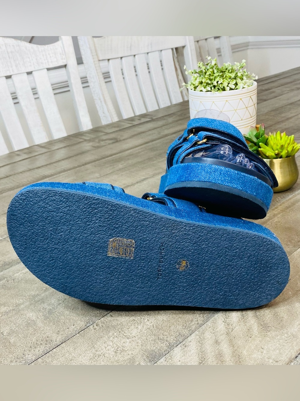 Tory Burch Kira Sport Sandal Denim Blue Platform Logo Strappy Women's Size 10.5 - Picture 6 of 8